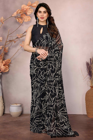 Black Floral Printed Georgette Ready Made Saree With Tassels