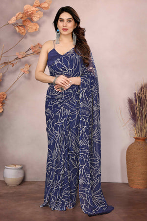 Blue Floral Printed Georgette Ready Made Saree With Tassels