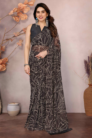 Brown Floral Printed Georgette Ready Made Saree With Tassels