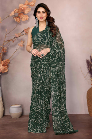 Green Floral Printed Georgette Ready Made Saree With Tassels