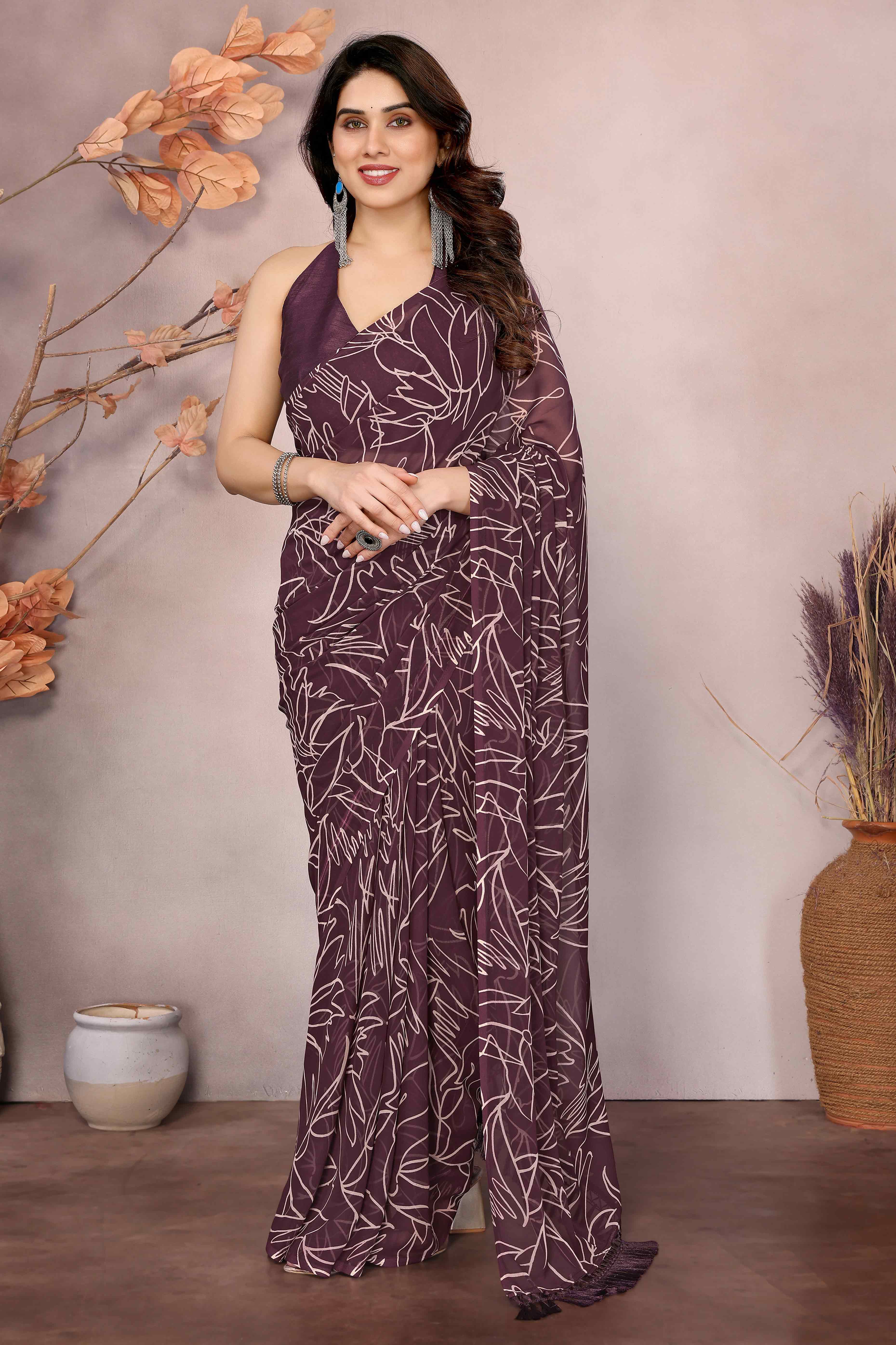 Wine Floral Printed Georgette Ready Made Saree With Tassels