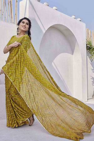 Olive Zig Zag Foil Printed Chiffon Saree