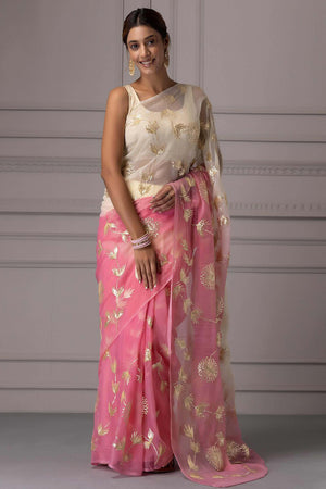 Pink & Cream Floral Gota Patti Work Organza Silk Half & Half Saree