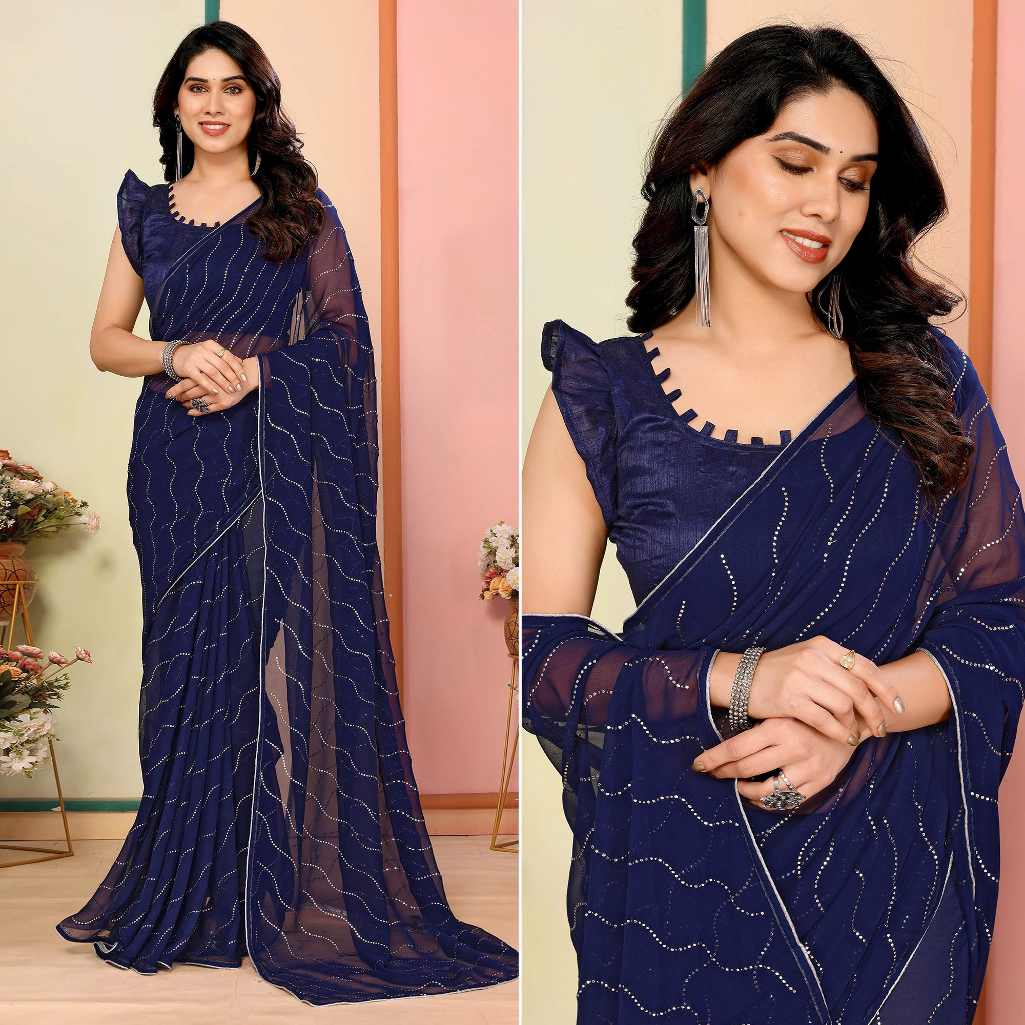 Navy Blue Swarovski Work Embroidered Georgette Saree