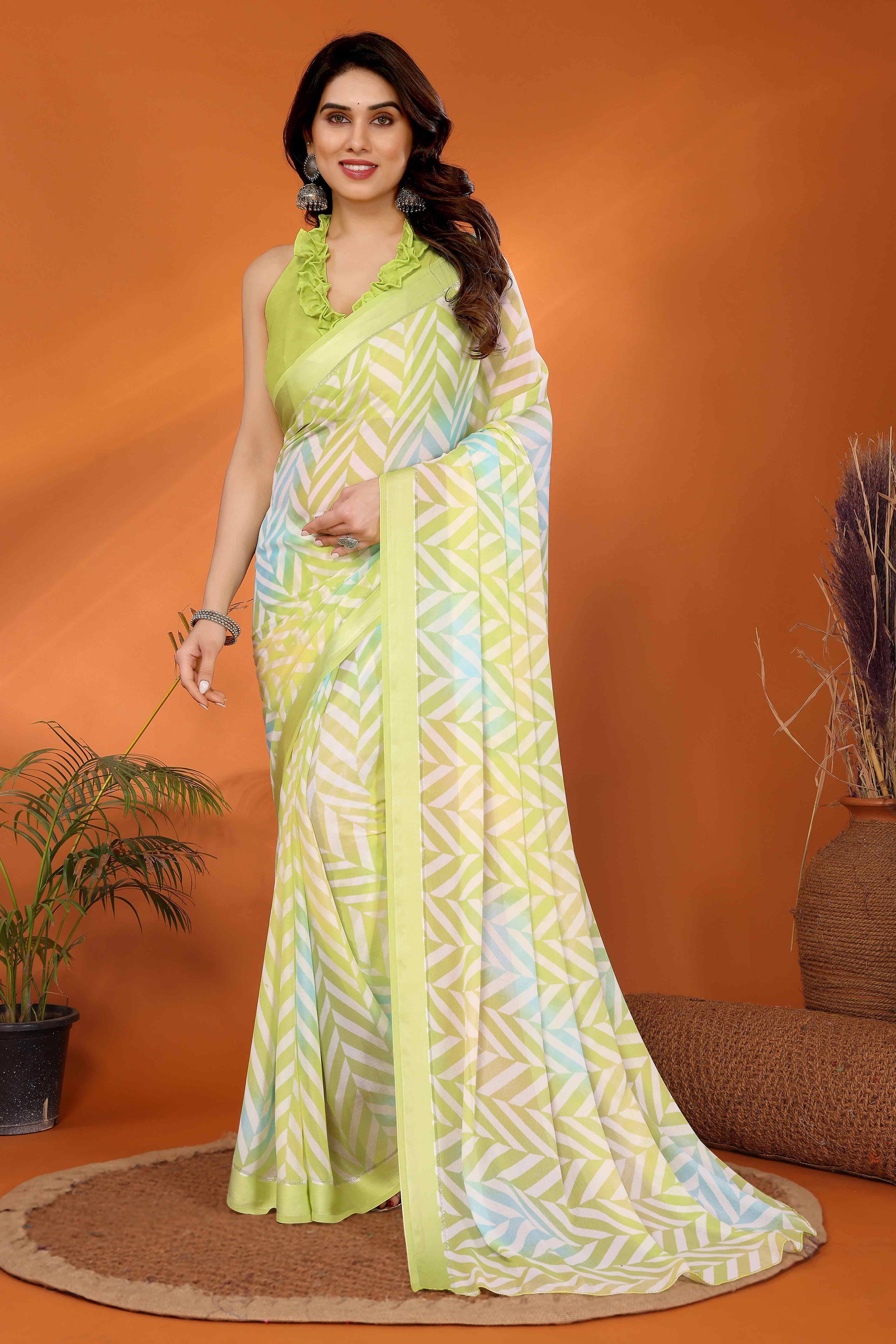 Mint Green Zig Zag Printed Satin Saree