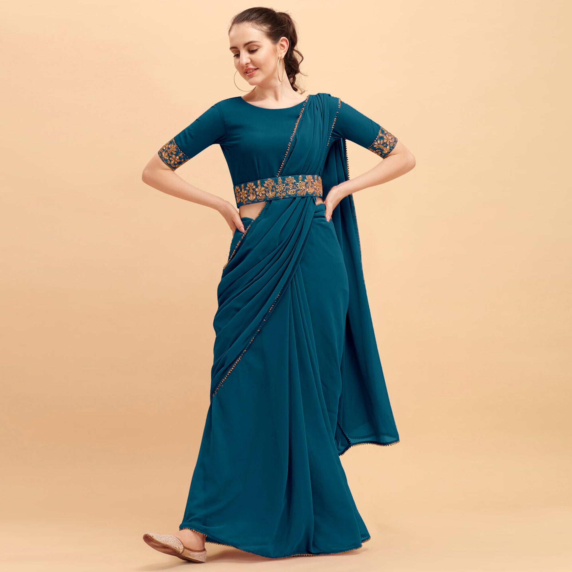 Morpich Solid Georgette Saree With Belt