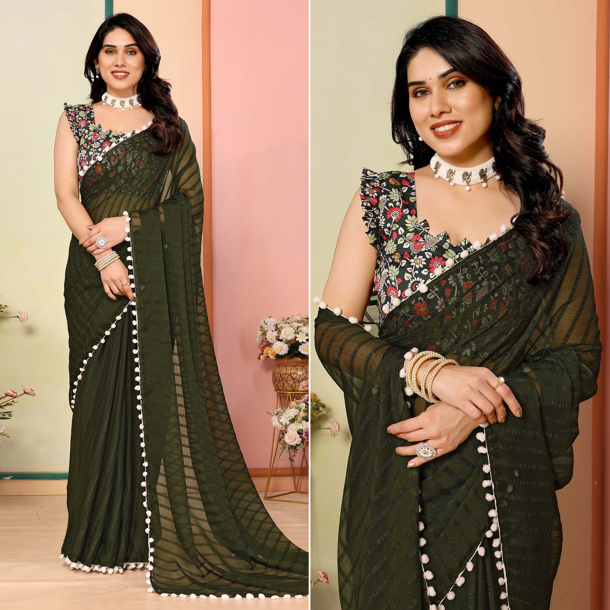Mehandi Green Woven Striped Pattern Georgette Saree