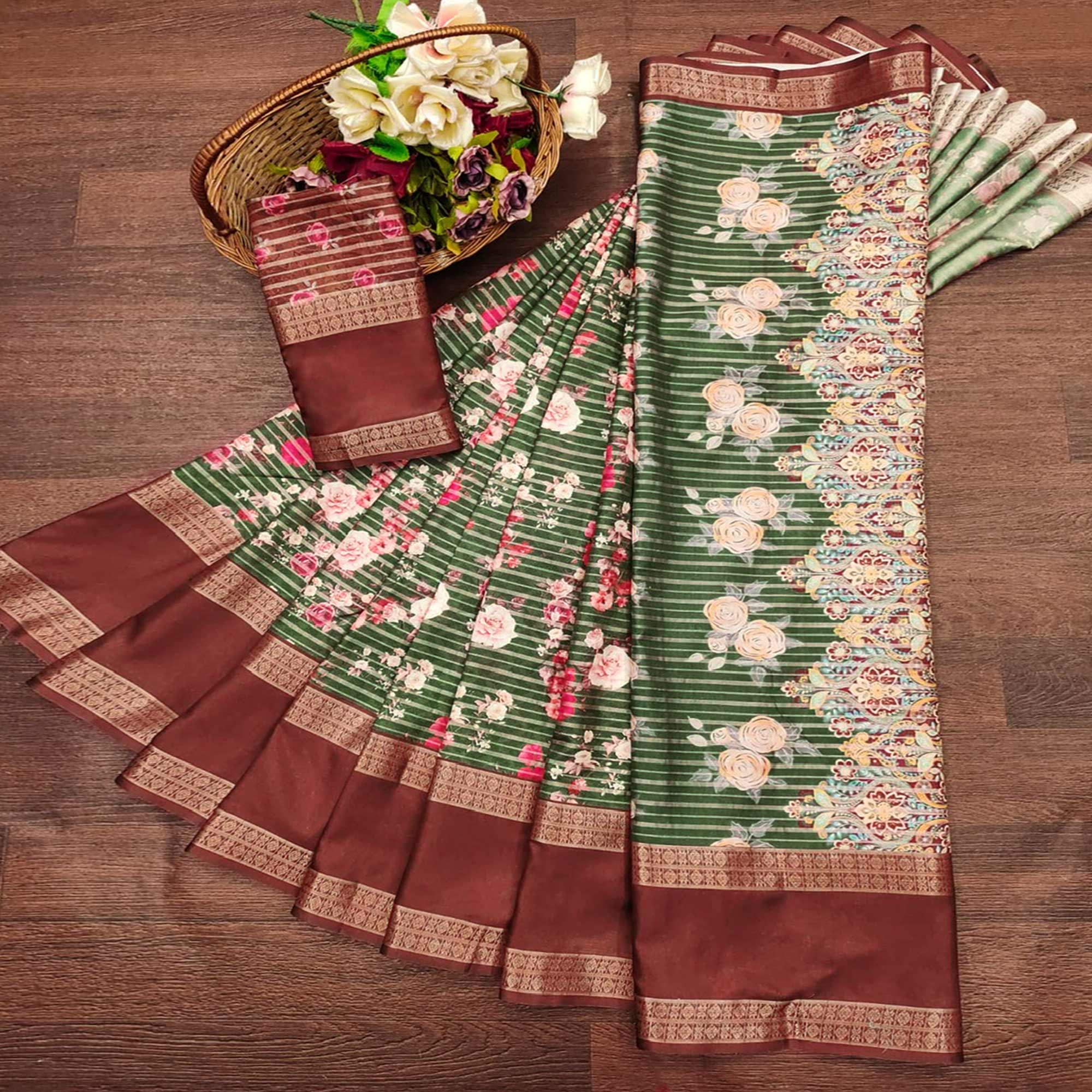 Bottle Green Floral Digital Printed Cotton Silk Saree
