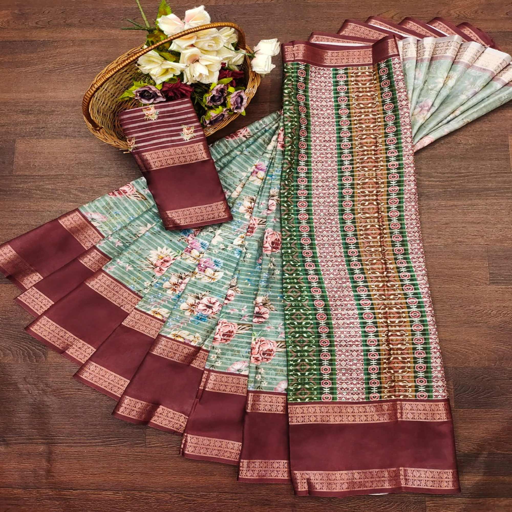 Mint Green Floral Digital Printed Cotton Silk Saree