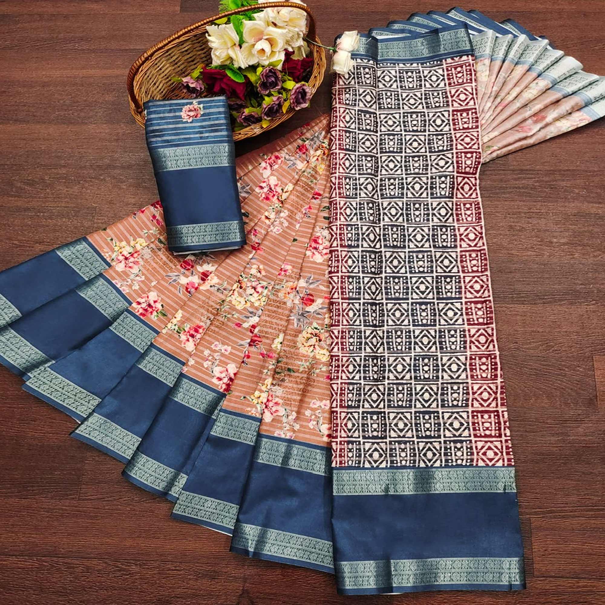 Peach Floral Digital Printed Cotton Silk Saree