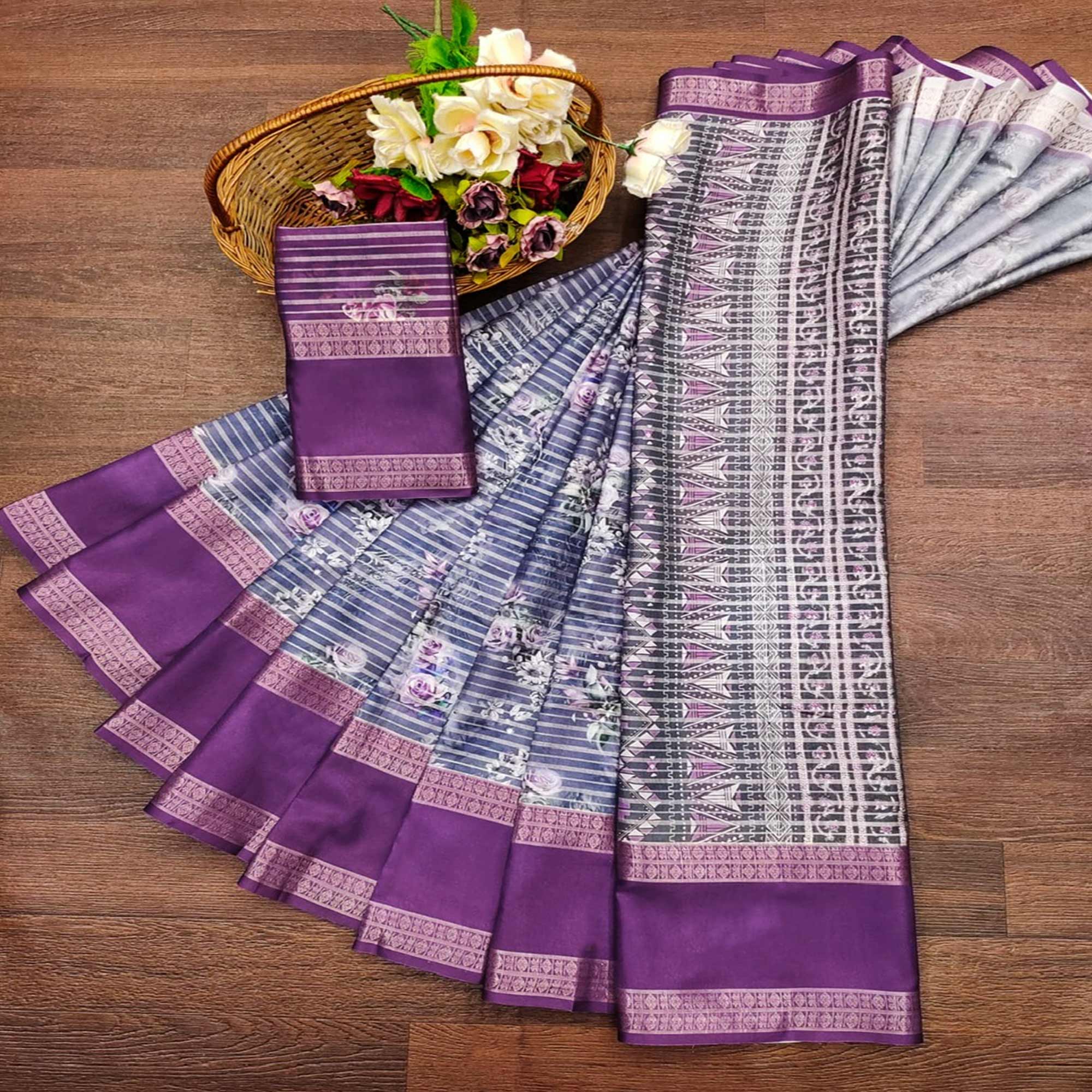 Purple Floral Digital Printed Cotton Silk Saree