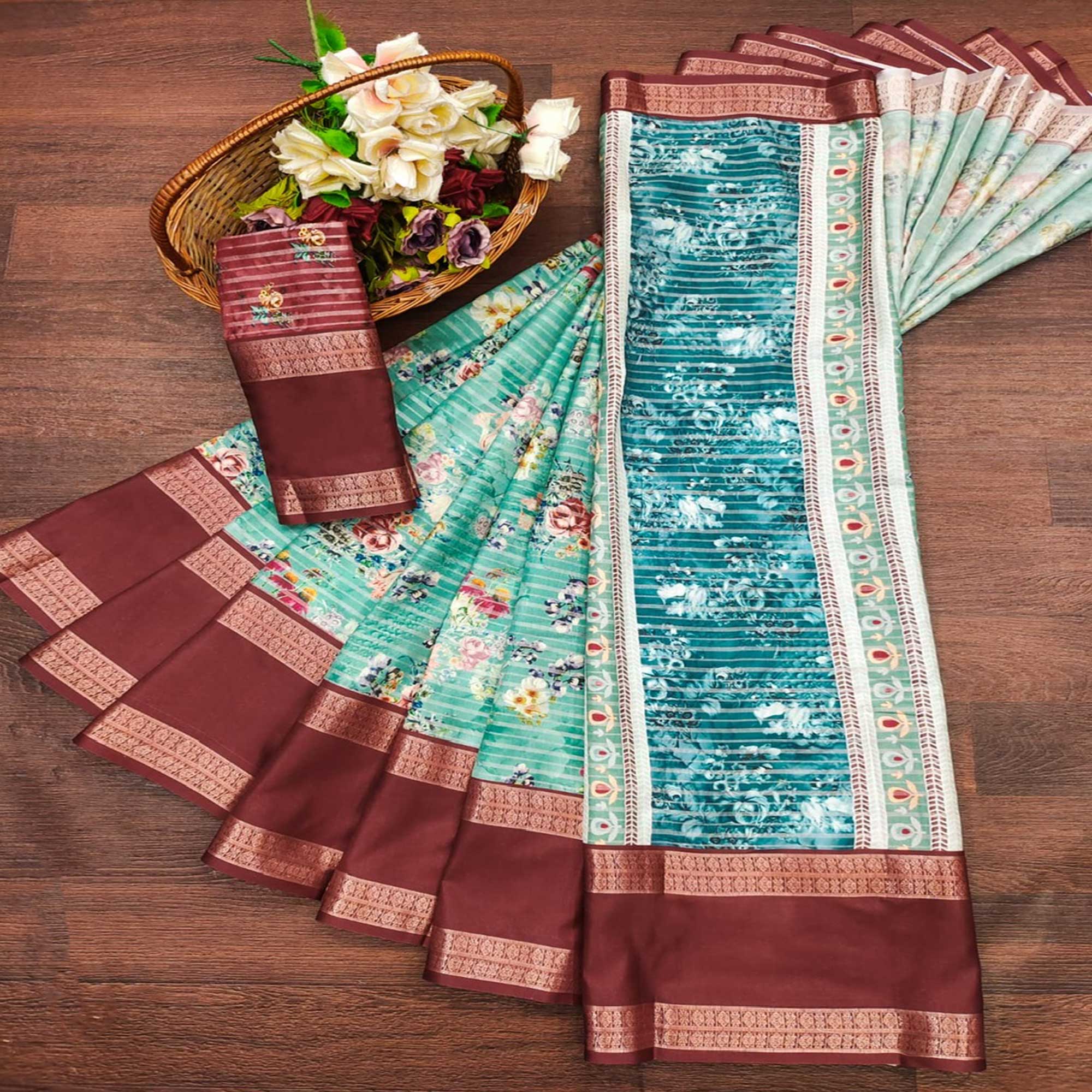 Turquoise Floral Digital Printed Cotton Silk Saree