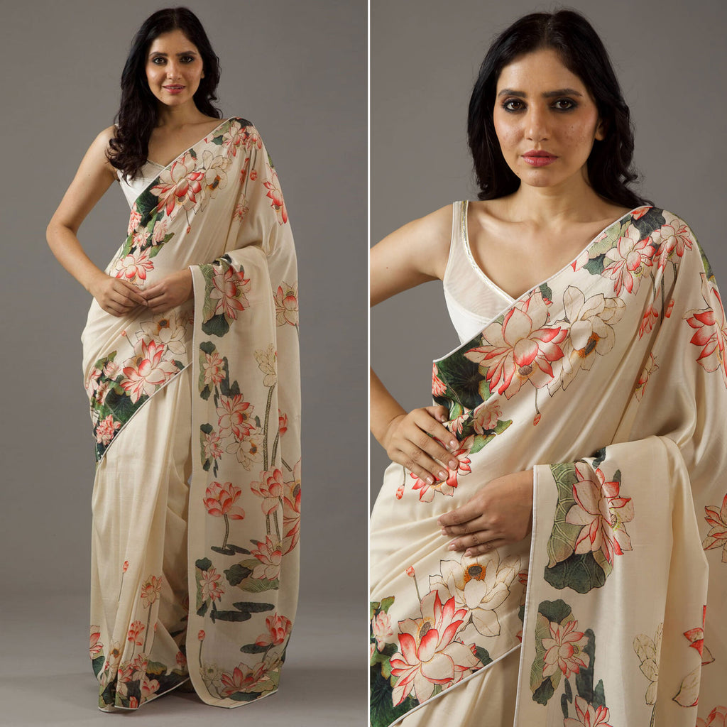 Women's Satin Cream Printed Designer Saree With Blouse Piece