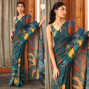 Teal Printed Moss Satin Saree