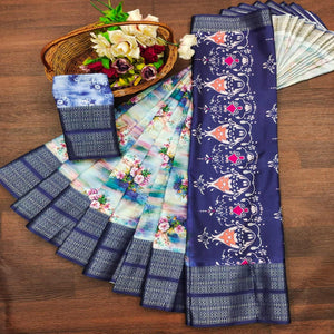 Navy Blue Floral Digital Printed Cotton Silk Saree