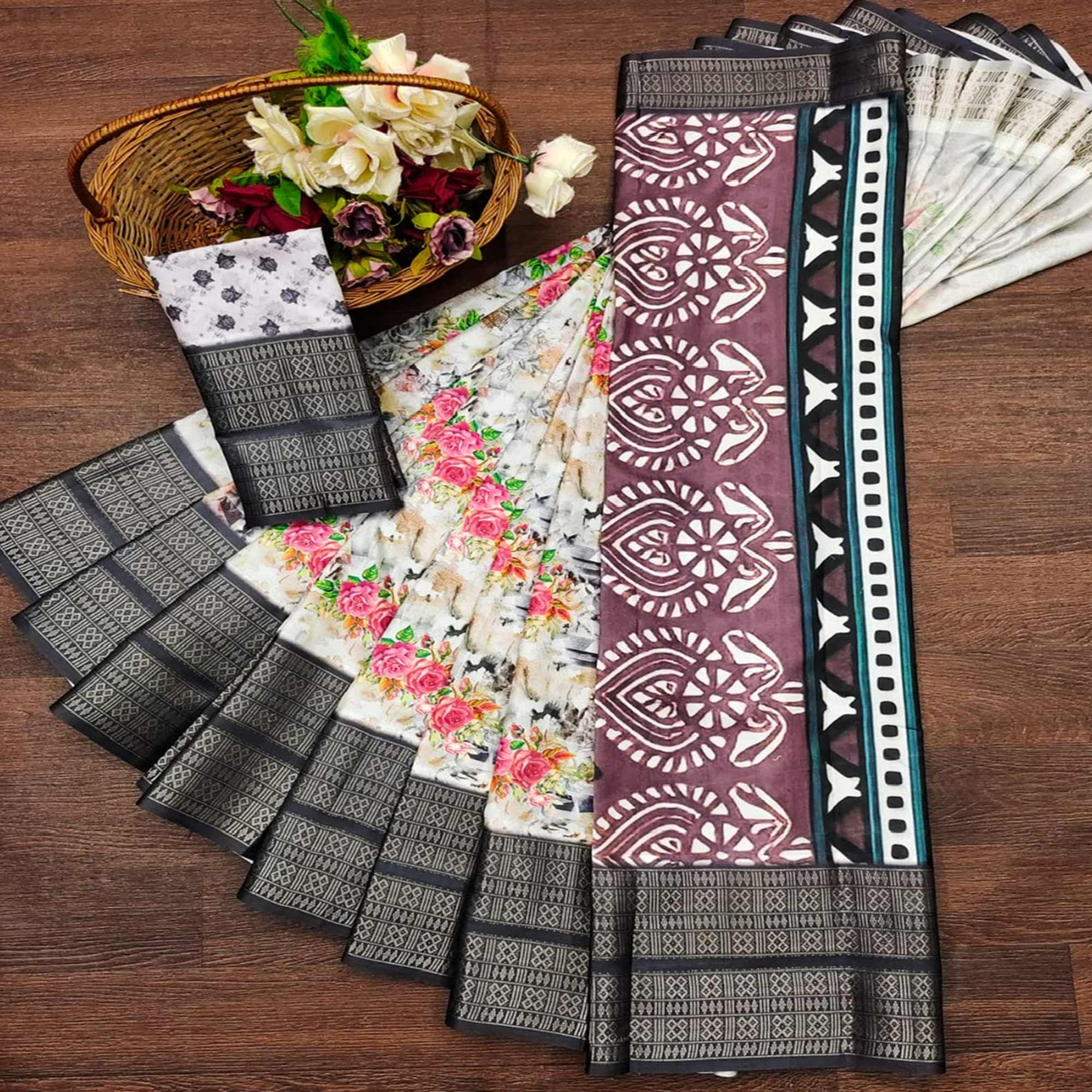 White & Black Floral Digital Printed Cotton Silk Saree