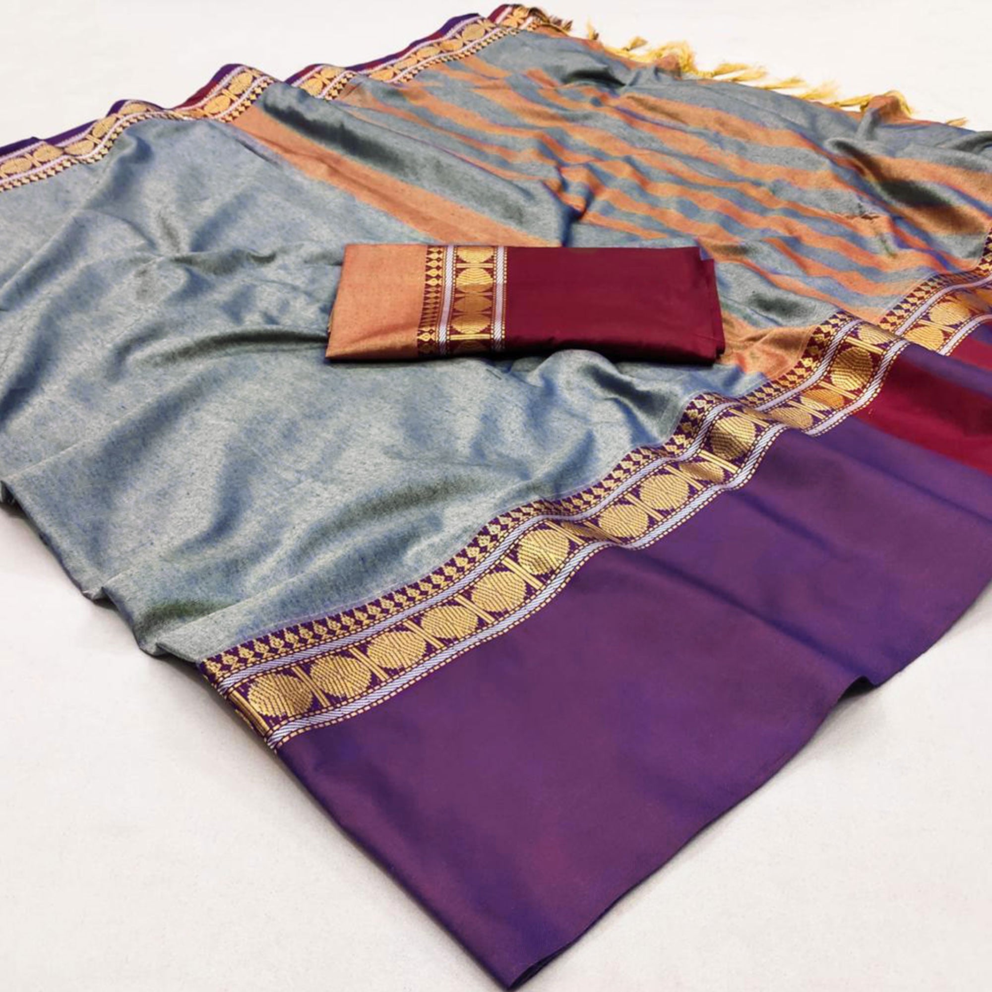 Grey Woven Cotton Silk Saree With Tassels