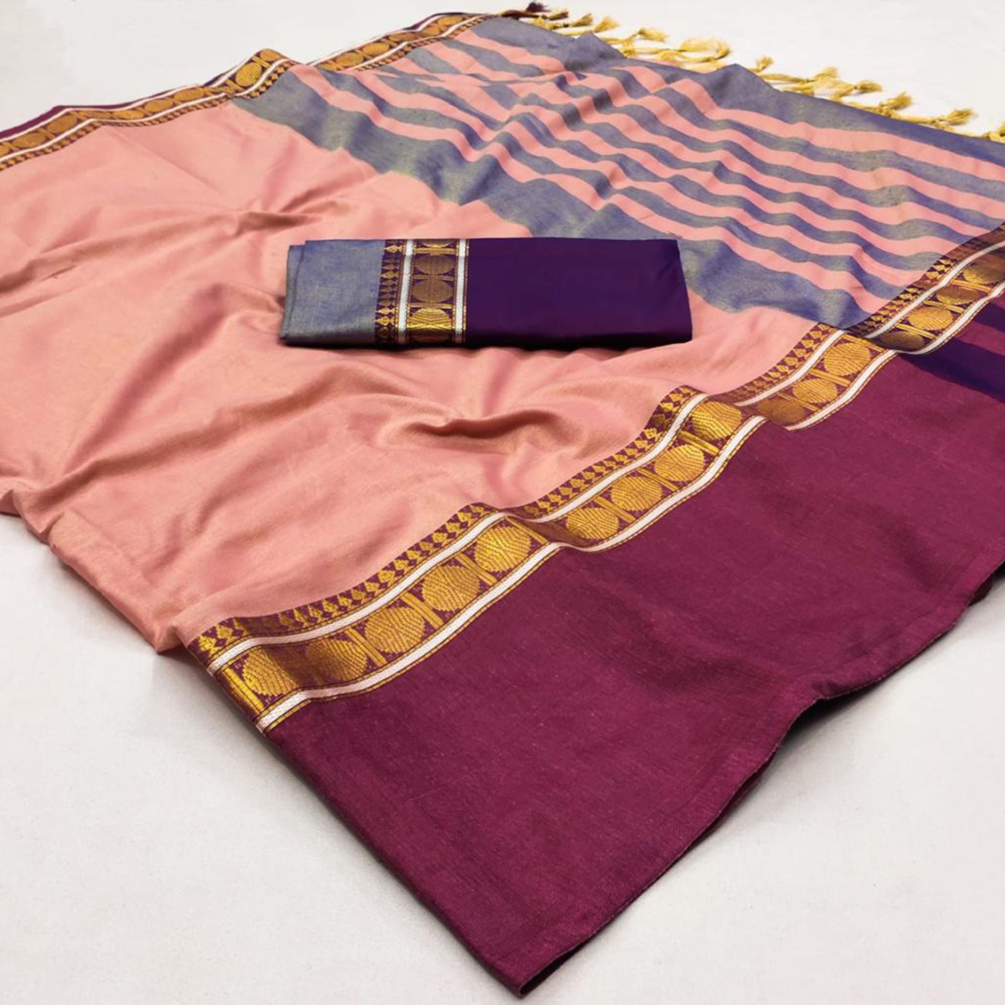Peach Woven Cotton Silk Saree With Tassels
