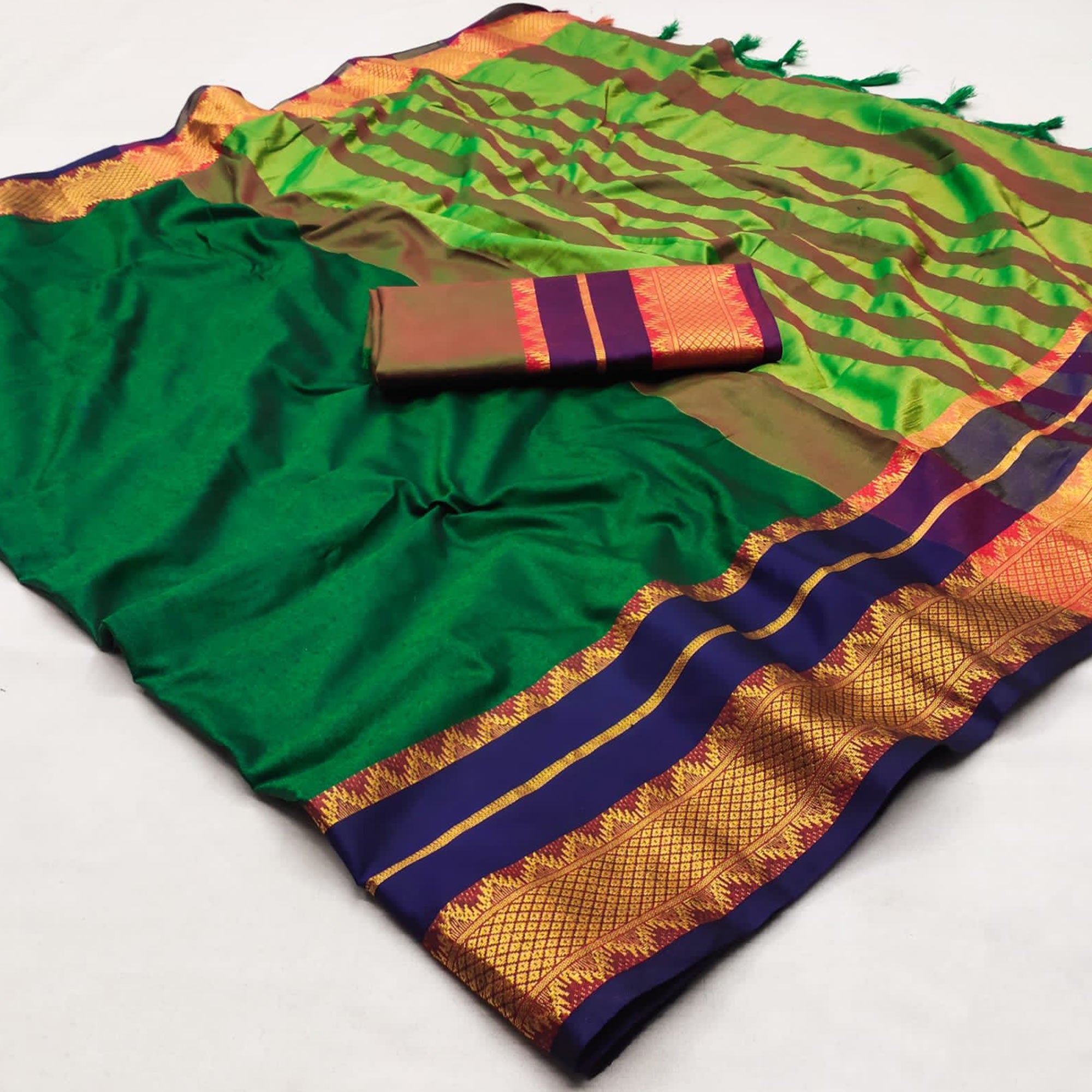 Green Woven Cotton Silk Saree With Tassels