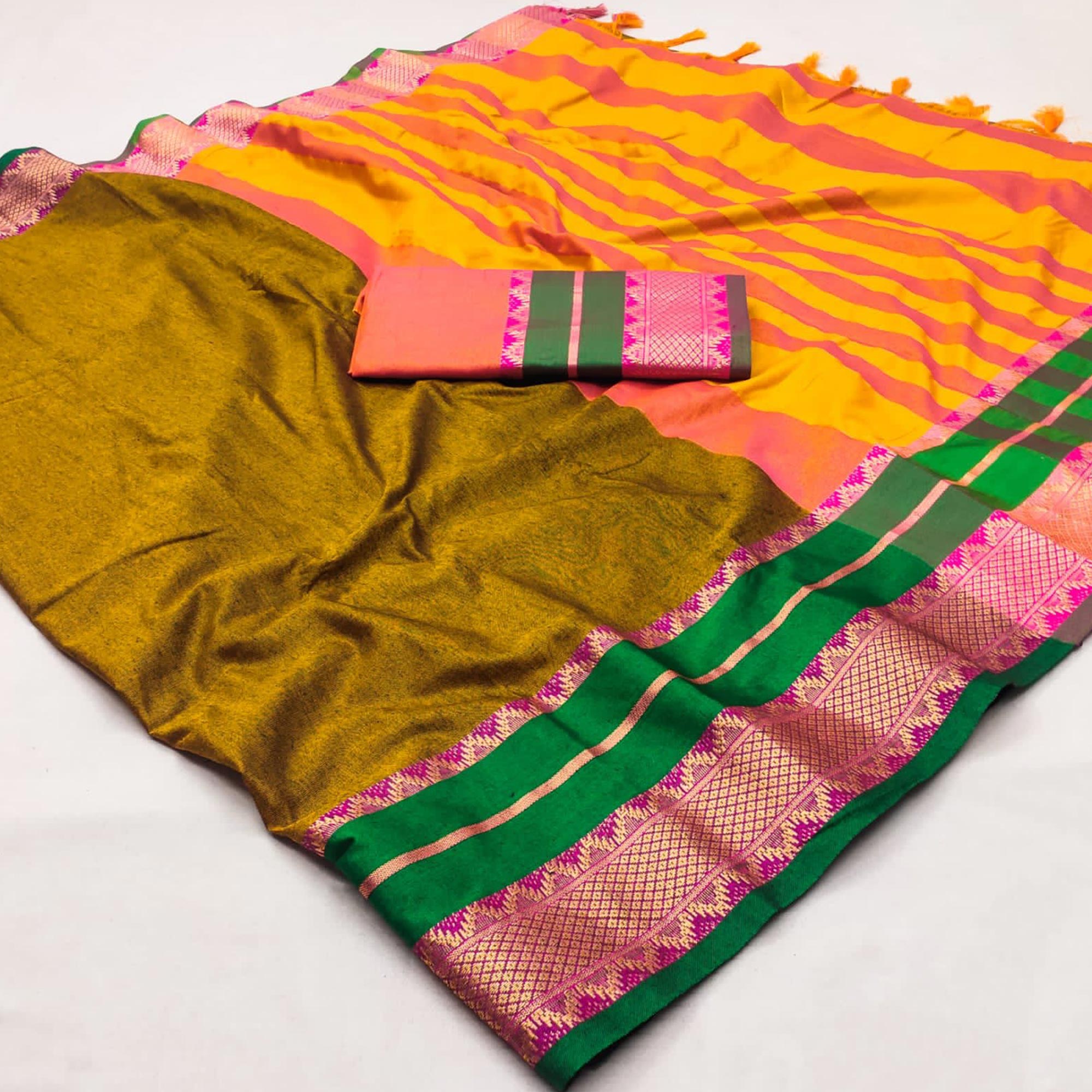Mustard Woven Cotton Silk Saree With Tassels