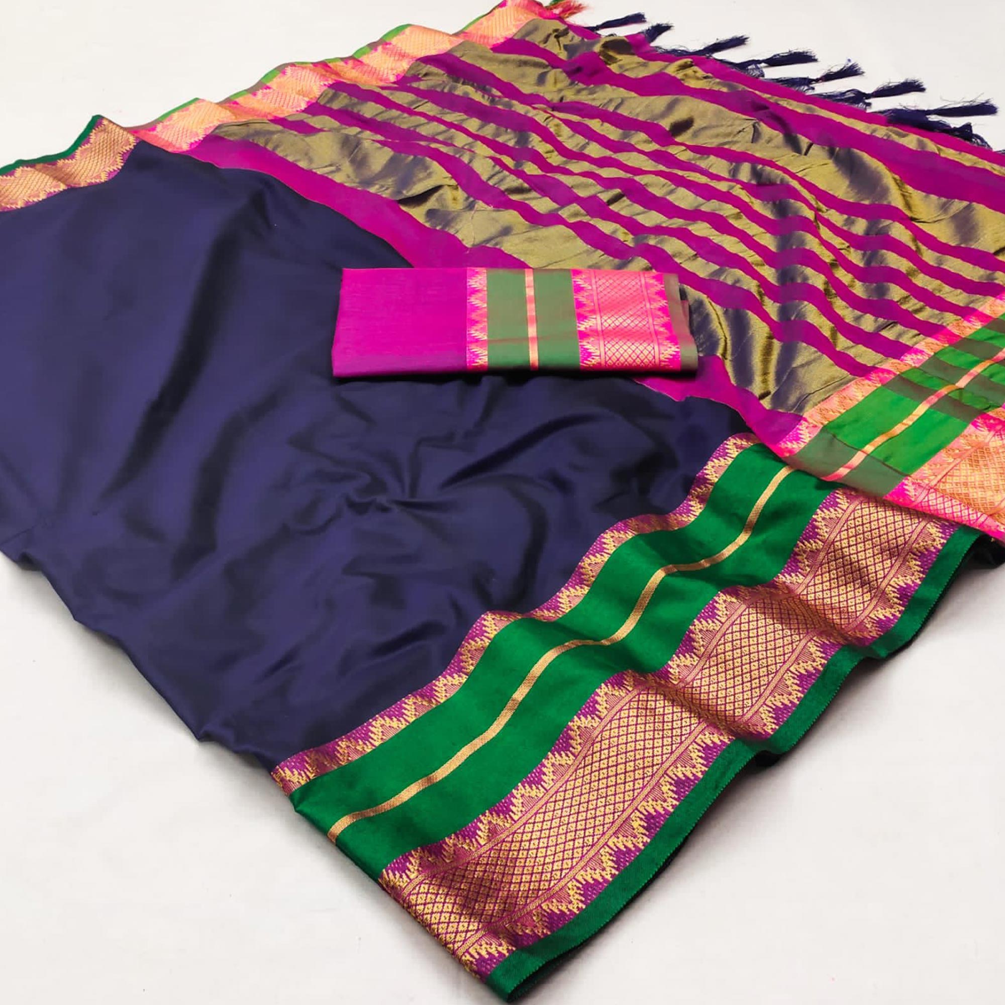 Navy Blue Woven Cotton Silk Saree With Tassels