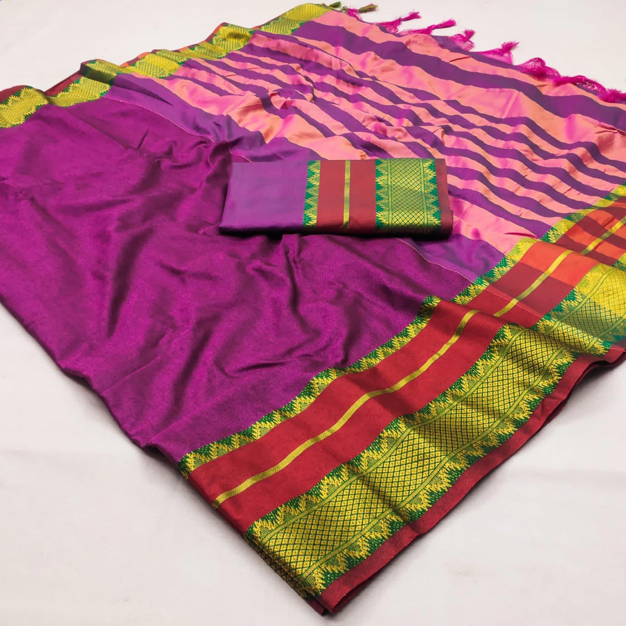 Rani Pink Woven Cotton Silk Saree With Tassels