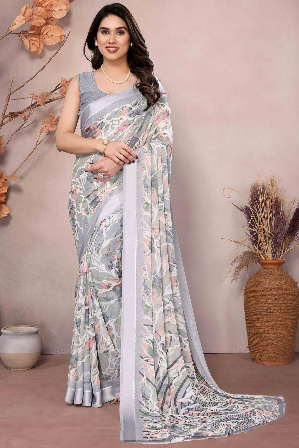 Pearl Grey Floral Embroidered Satin Silk Draped Saree