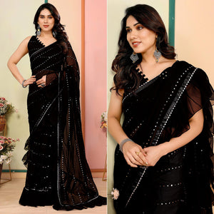 Black Mirror Work Embroidered Georgette Saree With Ruffle Border