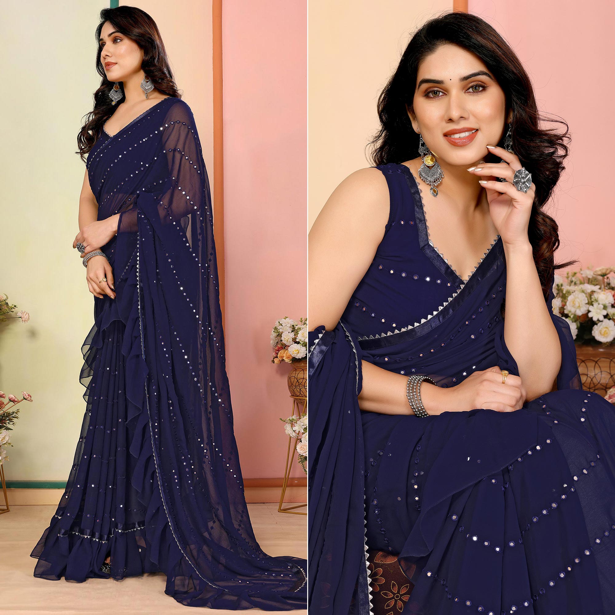 Dark Blue Mirror Work Embroidered Georgette Saree With Ruffle Border