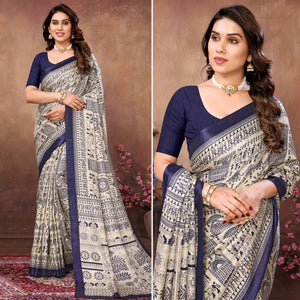 Off White & Blue Warli Printed Khaadi Saree