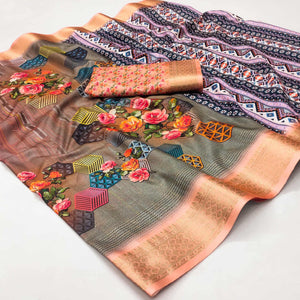Green & Peach Digital Printed Cotton Silk Saree With Jacquard Border