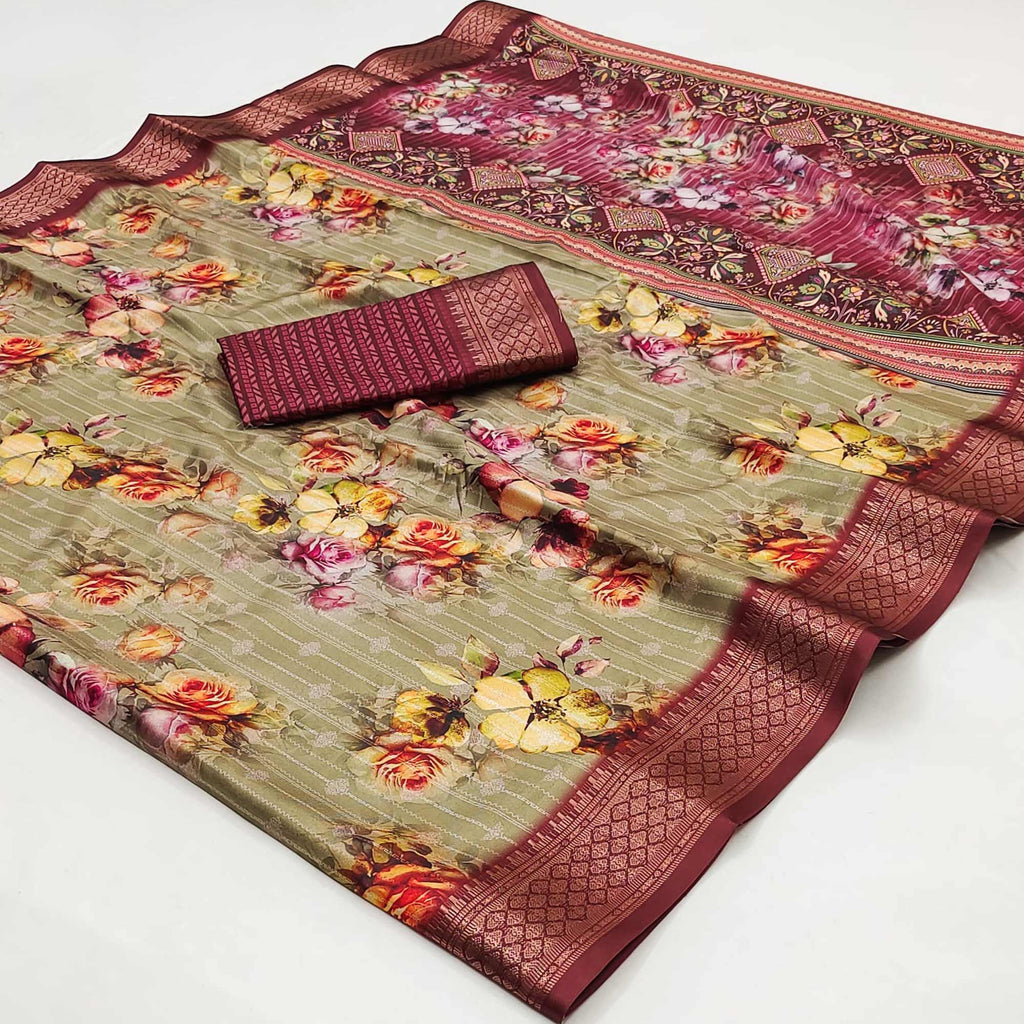Bamboo Silk Floral Printed Saree with Rich Decorative Pallu, All Over Rich Leheriya Pattern main image 1