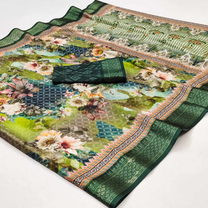 Green Floral Digital Printed Cotton Silk Saree With Woven Border