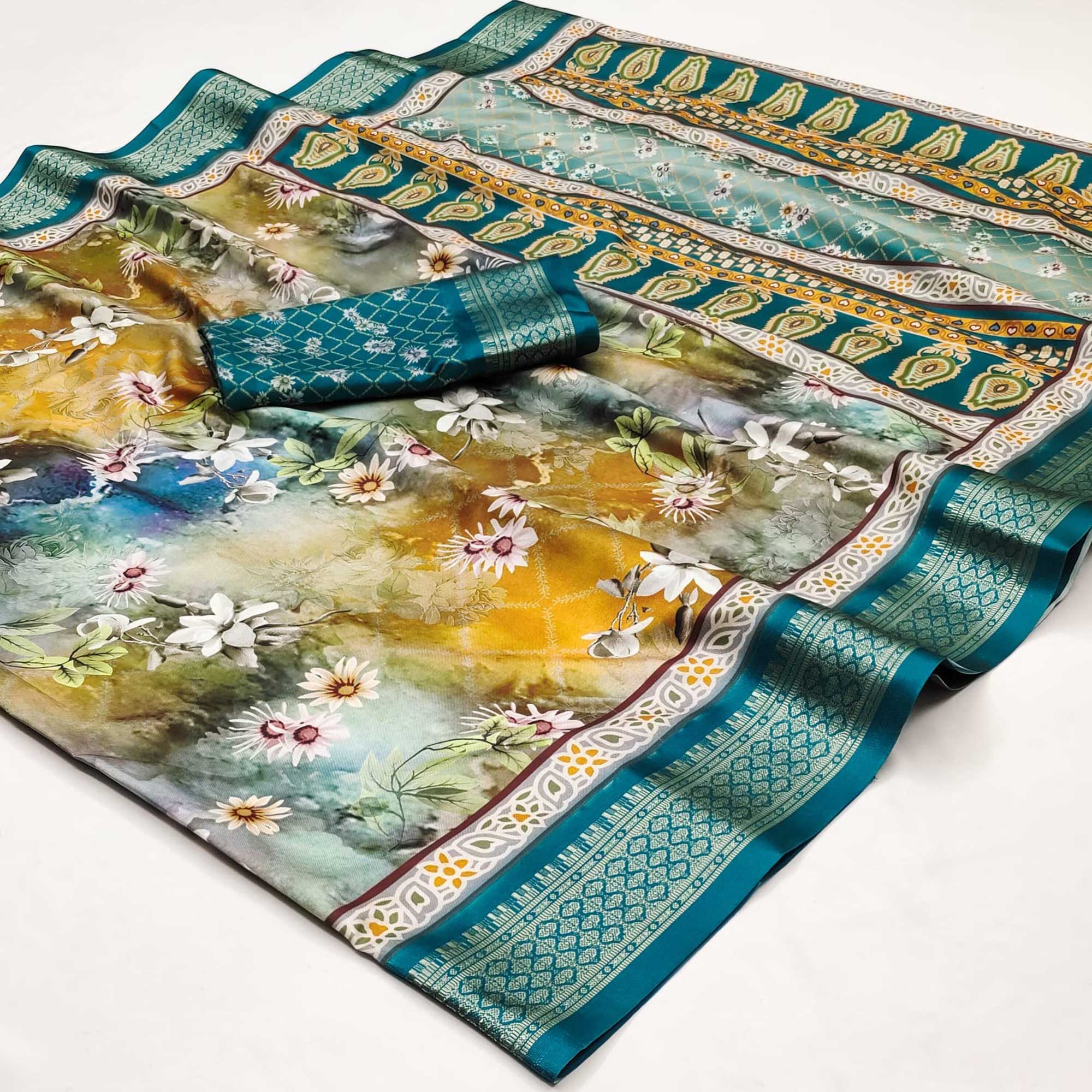 Morpich & Mustard Floral Digital Printed Cotton Silk Saree With Woven Border