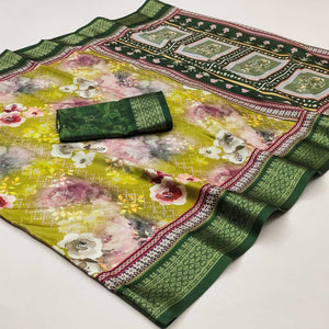 Olive Green Floral Digital Printed Cotton Silk Saree With Woven Border