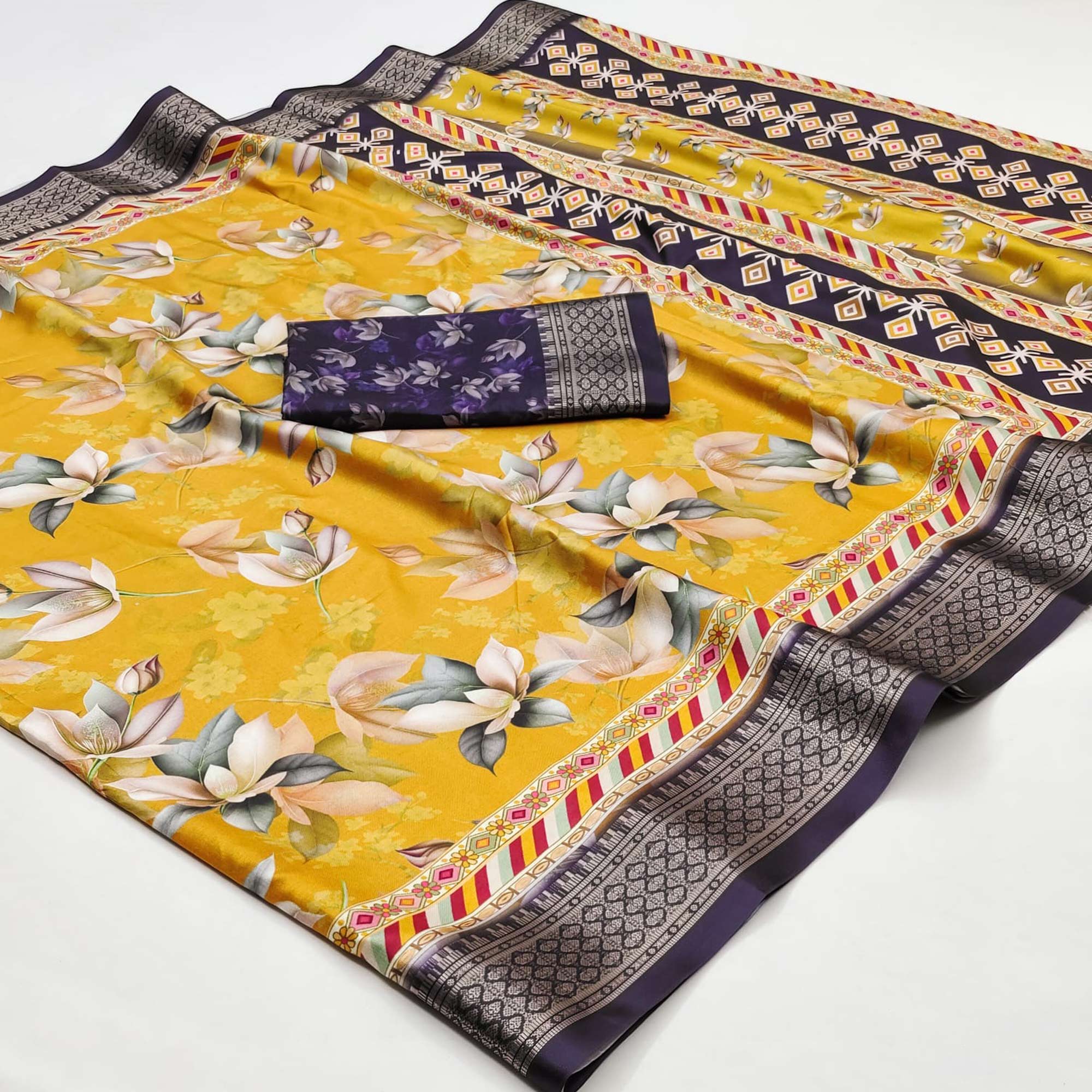 Yellow Floral Digital Printed Cotton Silk Saree With Woven Border