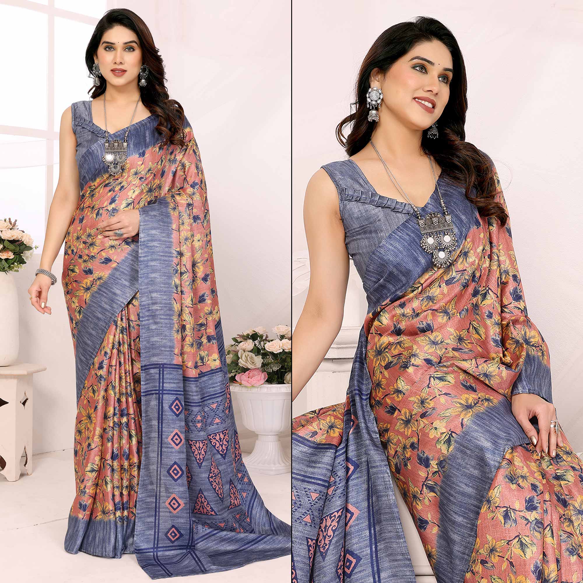 Grey Floral Printed Khadi Saree