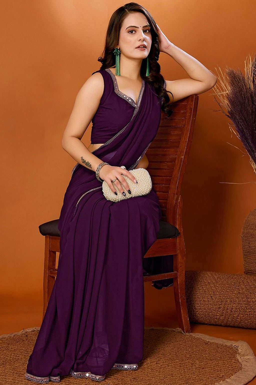 Purple Solid Georgette Saree With Unstitched Blouse Piece