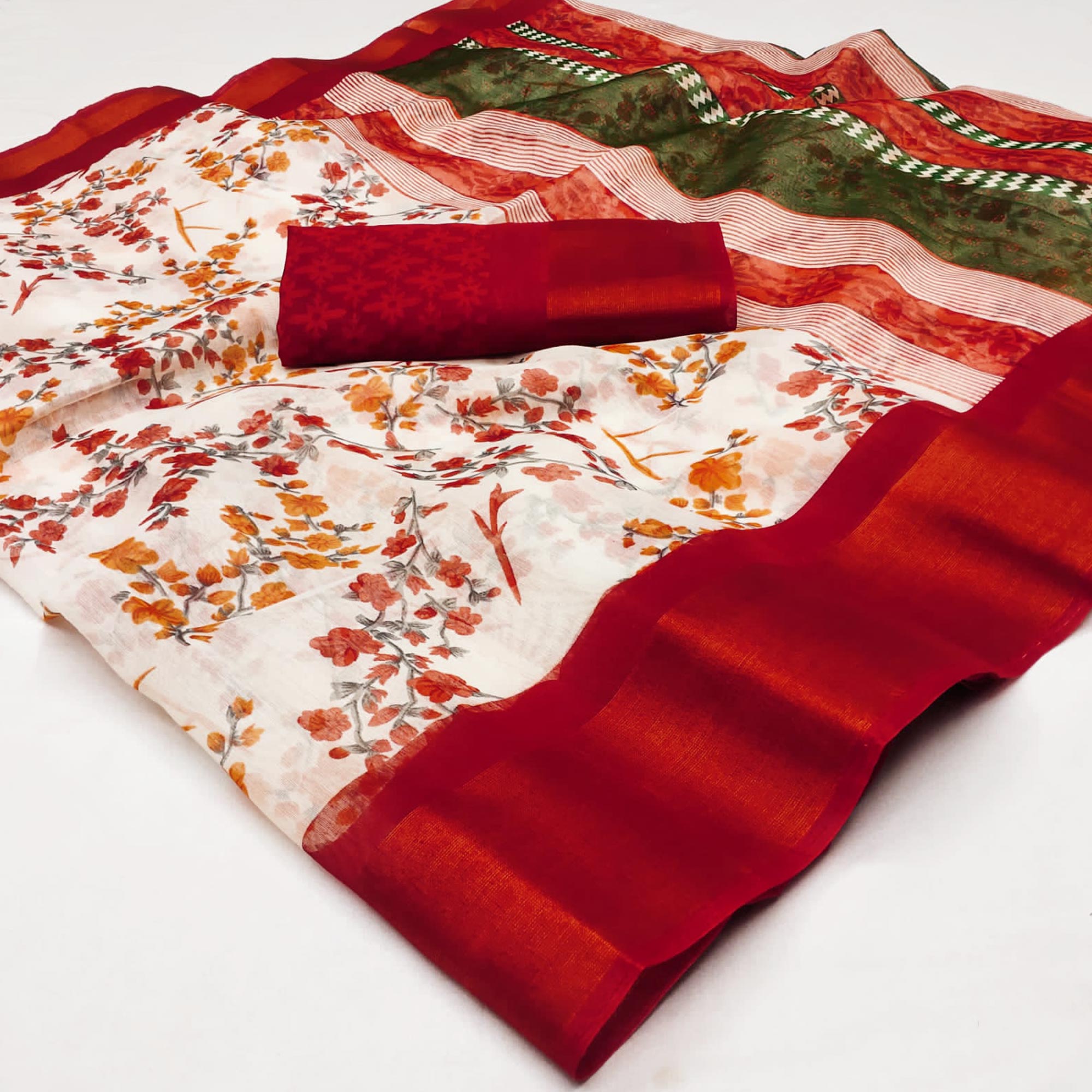 White & Red Floral Printed Cotton Blend Saree