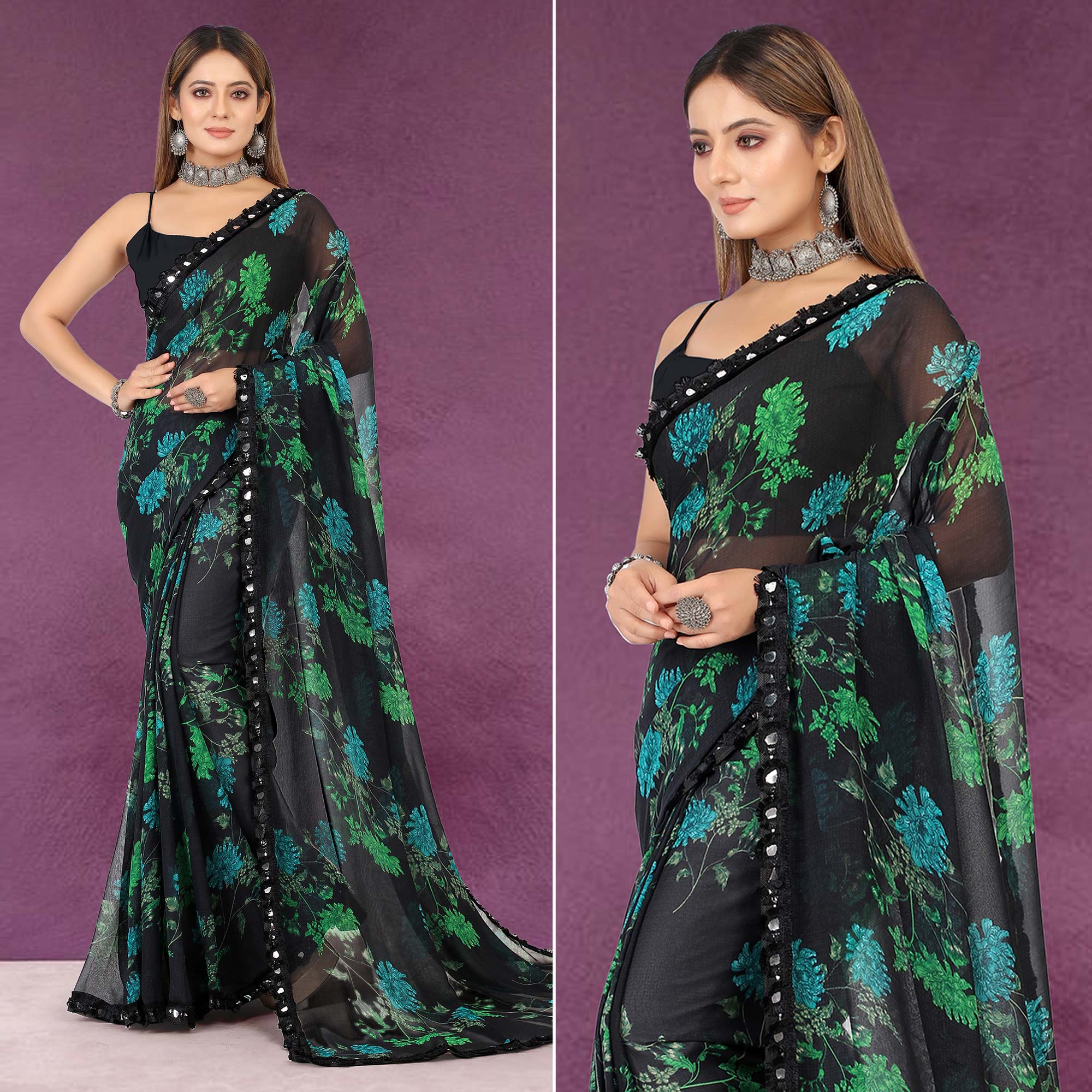 Black Floral Printed Georgette Saree