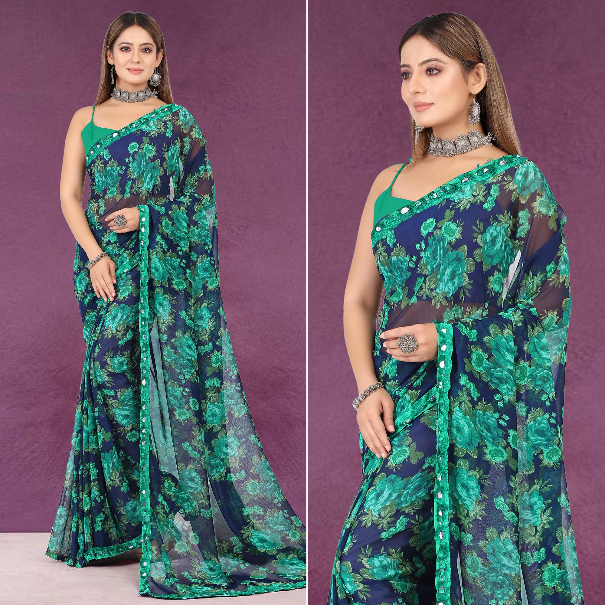 Blue Floral Printed Georgette Saree