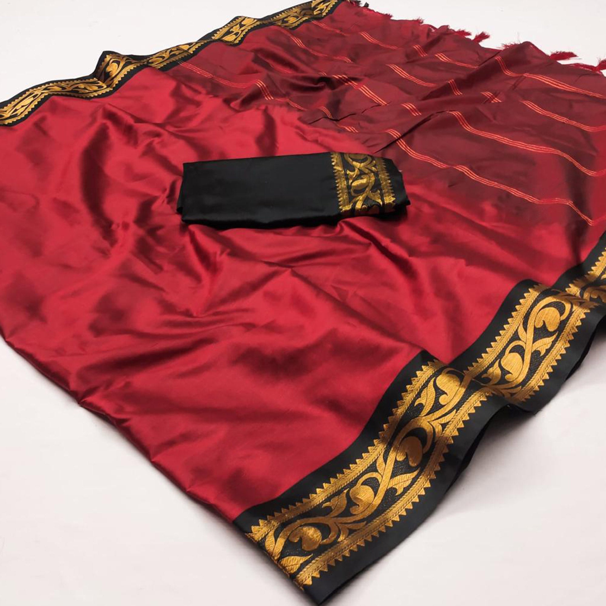Red Woven Cotton Silk Saree With Tassels