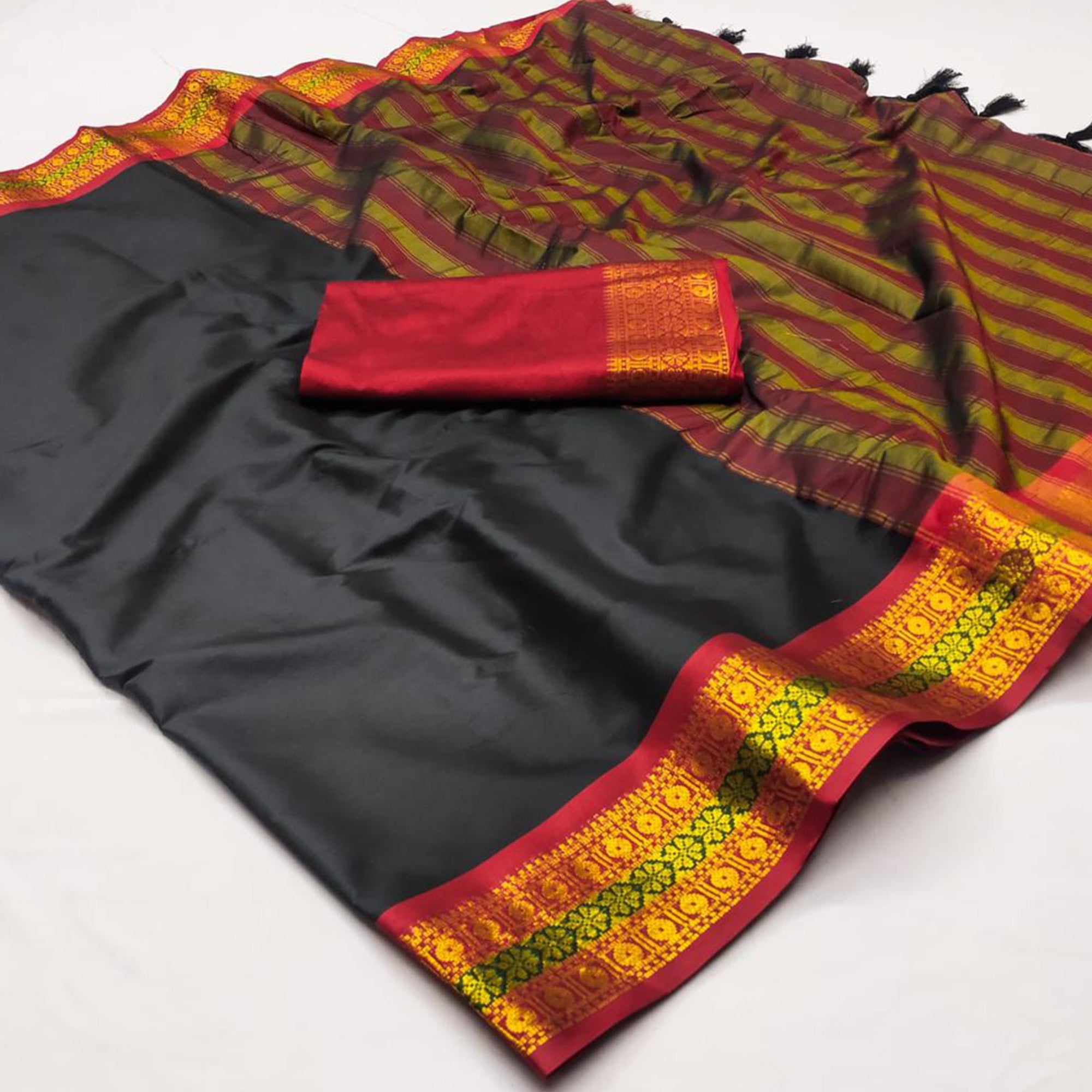 Black Woven Cotton Silk Saree With Tassels