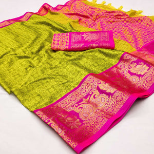 Green Floral Woven Cotton Silk Saree With Tassels