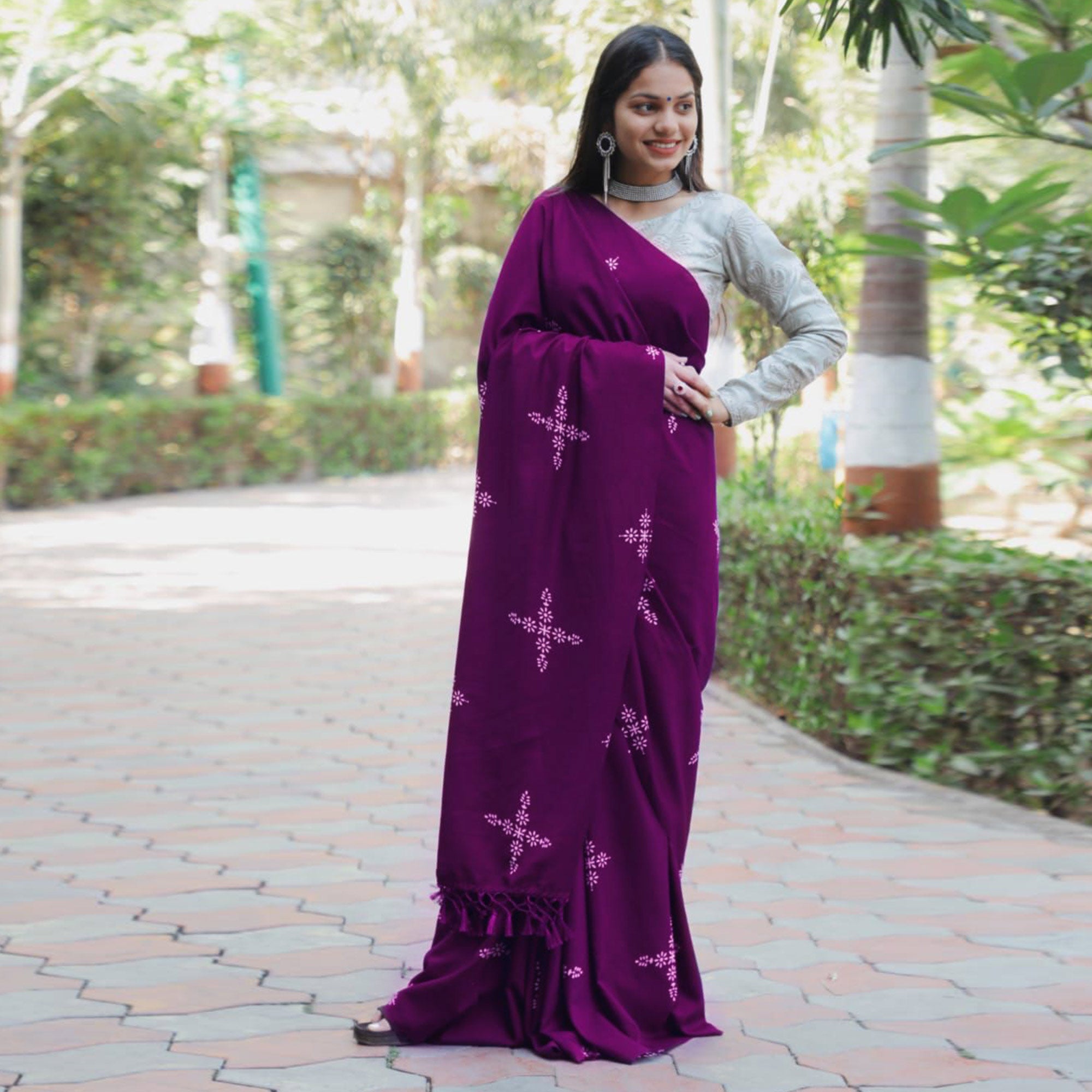 Purple Floral Printed Muslin Saree With Tassels