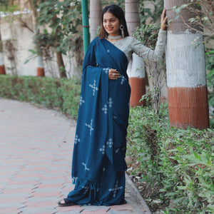 Teal Blue Floral Printed Muslin Saree With Tassels