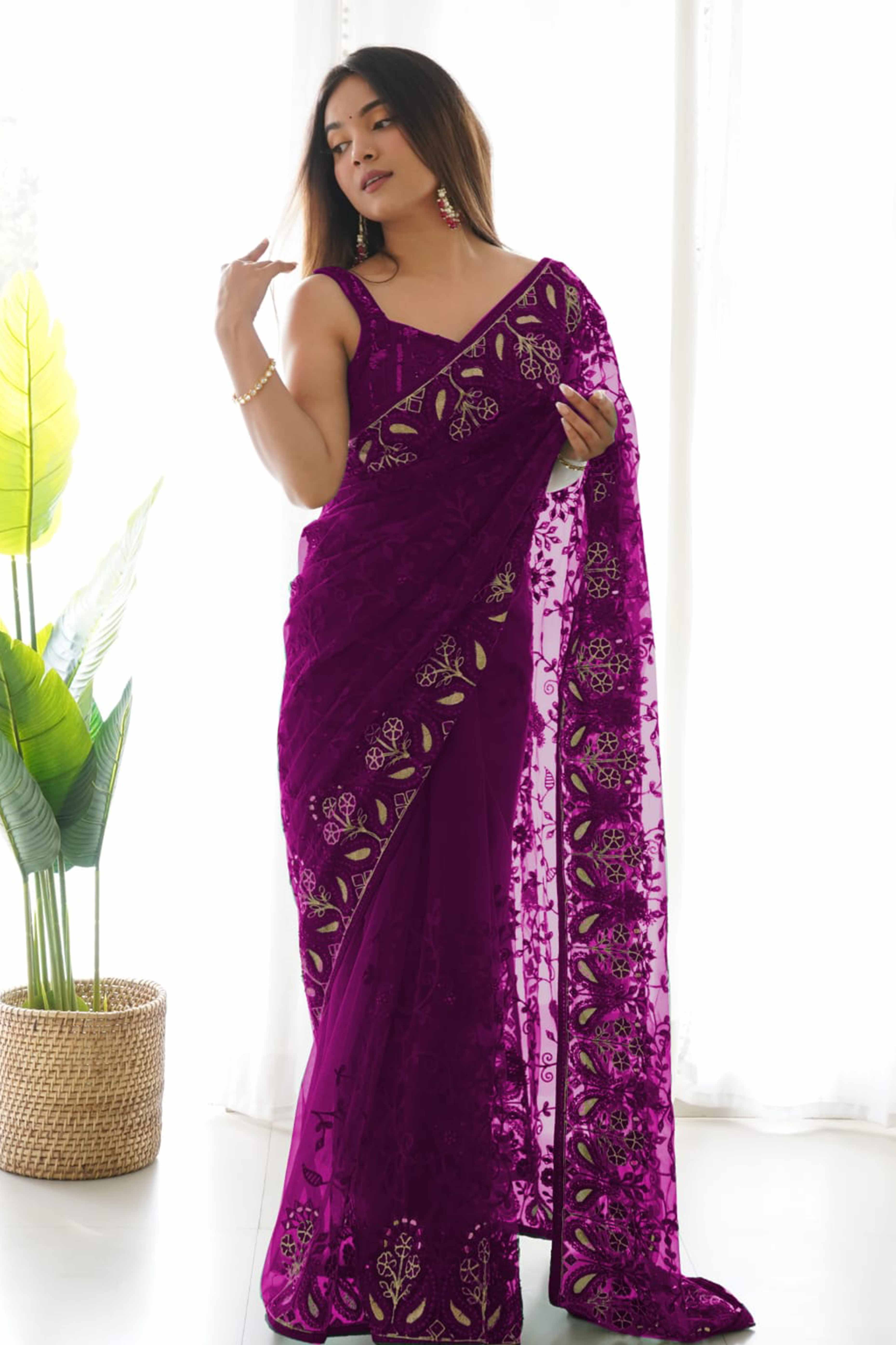 Purple Net Saree With Floral Thread Embroidery Adorned In Stone & Mirror Accents