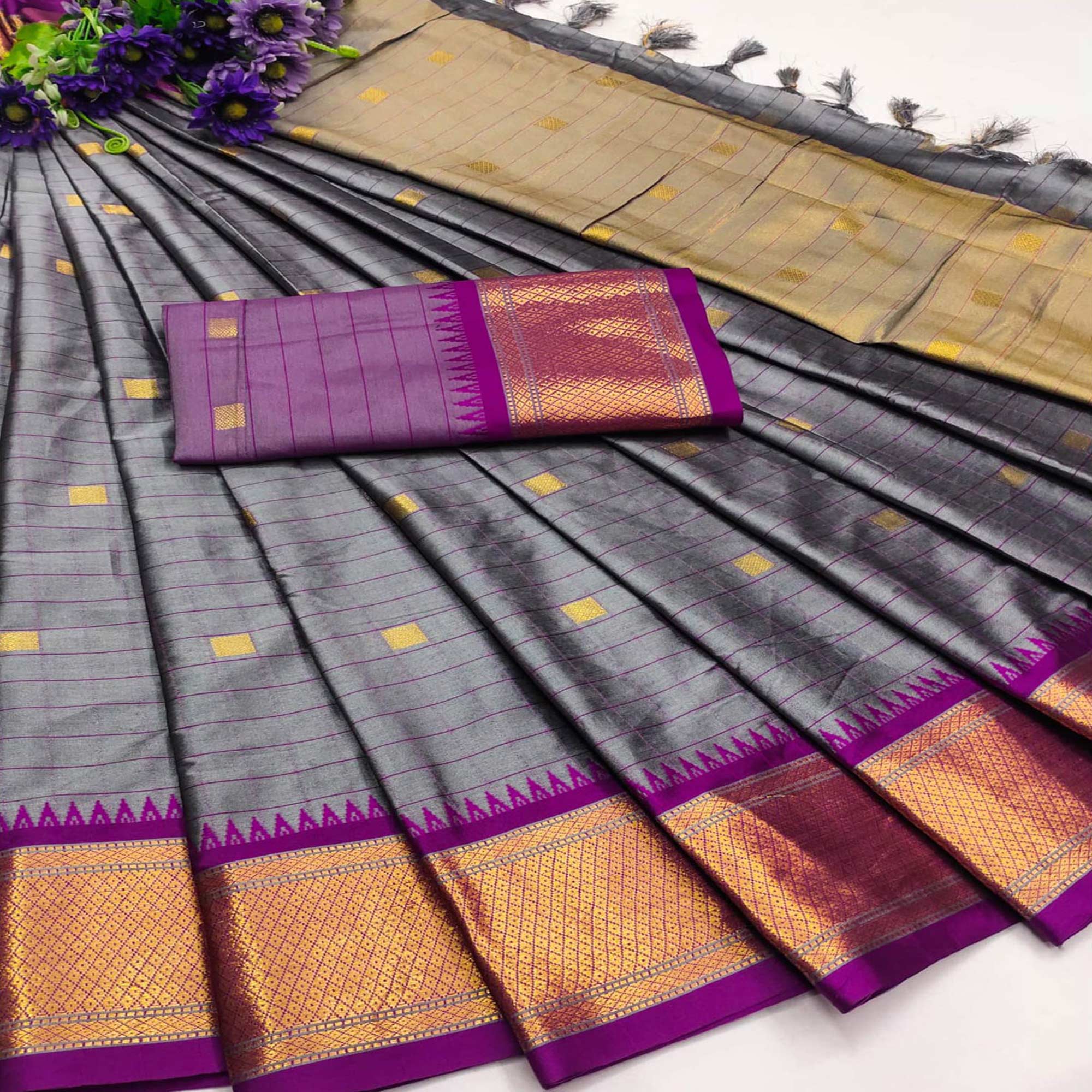 Grey & Purple Woven Cotton Silk Saree With Tassels