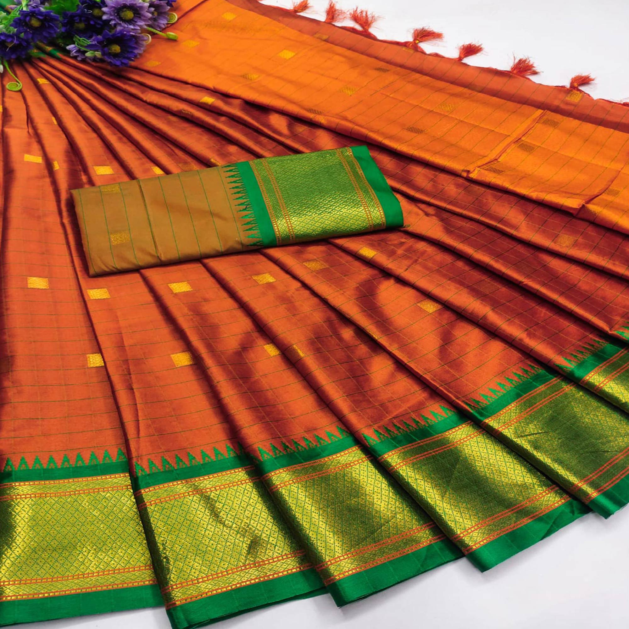 Rust & Green Woven Cotton Silk Saree With Tassels