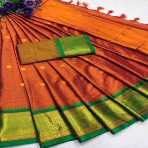 Rust & Green Woven Cotton Silk Saree With Tassels